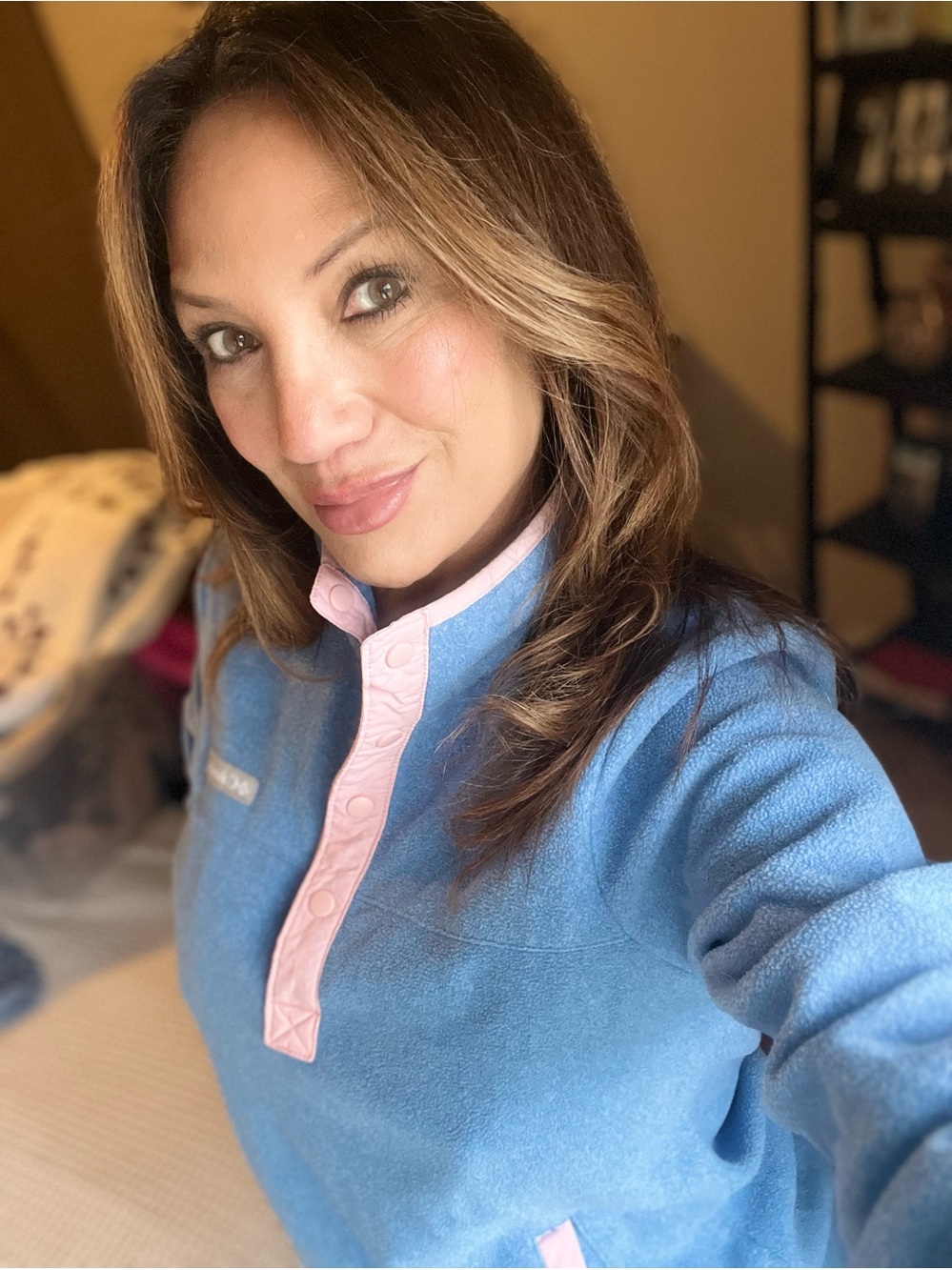 Columbia Women’s Blue Fleece Snap Pullover with Pink Trim